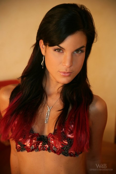 Сексуальная темноволосая дама Nelli Hunter в бюстгалтере и чулках любит показывать вагину