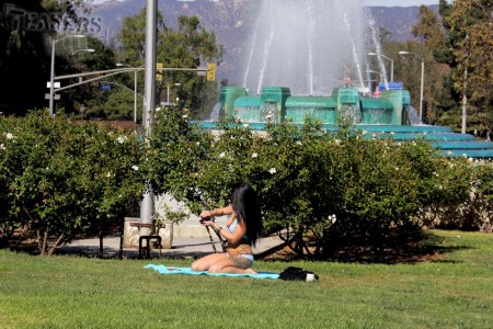 Голая Jackie Daniels читает книгу в парке